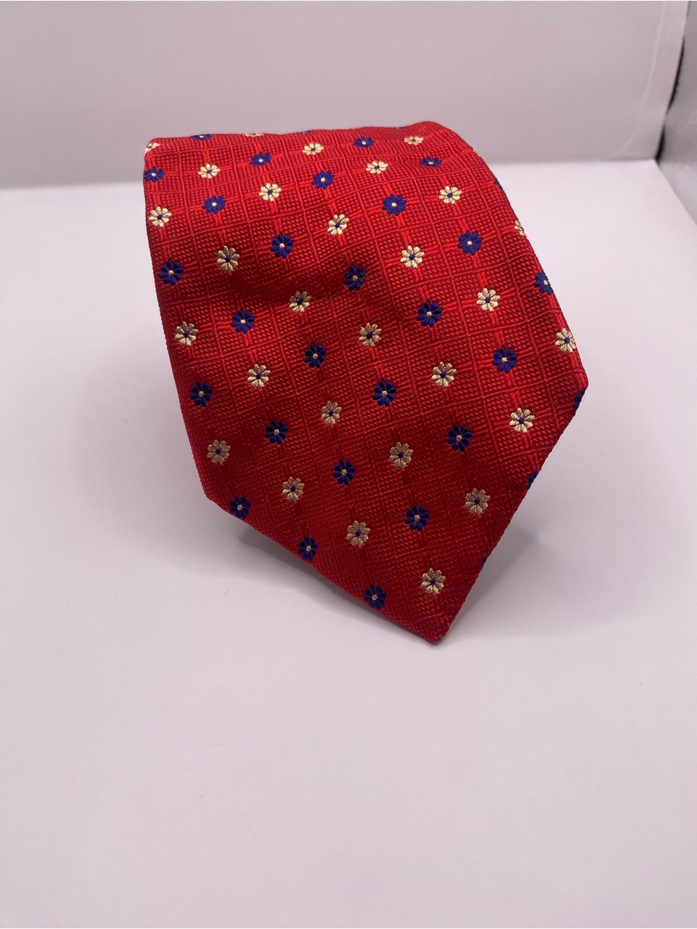 Thomas Pink Red Silk Tie with Blue and Cream Floral Motif